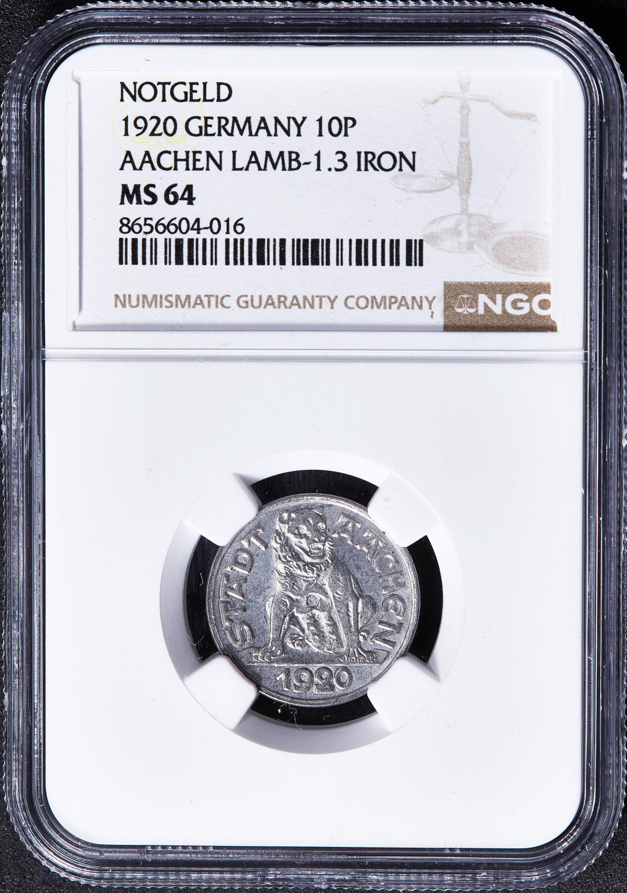 【俄甄集藏】2026年(049)03-18星期三 晚 19:30 全场包邮 德国1920年紧急时期亚琛咆哮狮造像10芬尼铁币，NGC MS64，转光品相，状态一流，保存难得