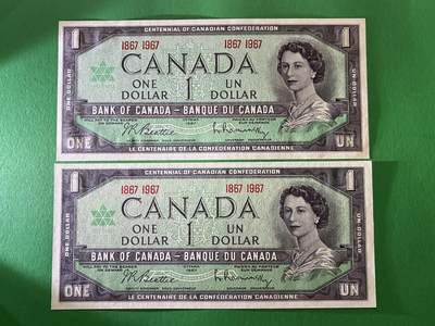 咖啡豆•收藏 2026年Mar_18th世界各国纸币拍卖 - 2枚 加拿大 1967年 1元 全新UNC 外国 美洲纸币 女王钞