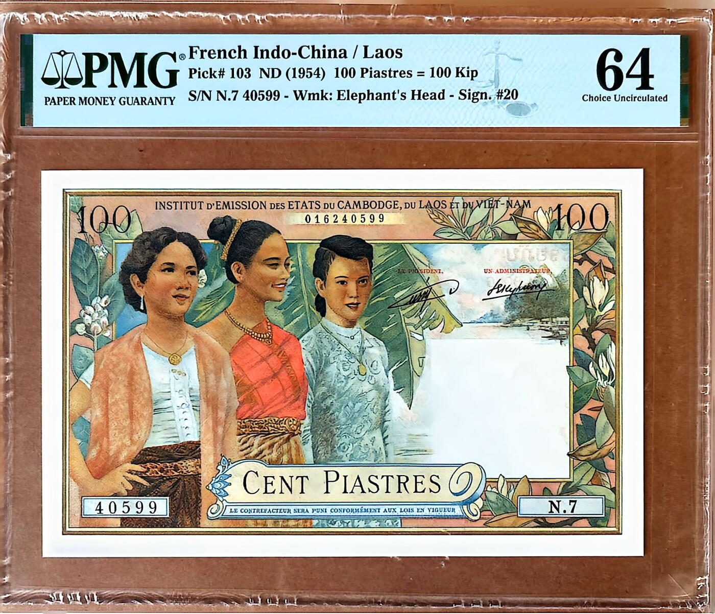 【Blue Auction】✨世界纸币精拍800期盛典——白金之夜🔥🔥🔥 F-【仅3张更高分 老挝版较少见】法属印支 1954年100皮阿斯特 三美女 PMG64无背标状态出色