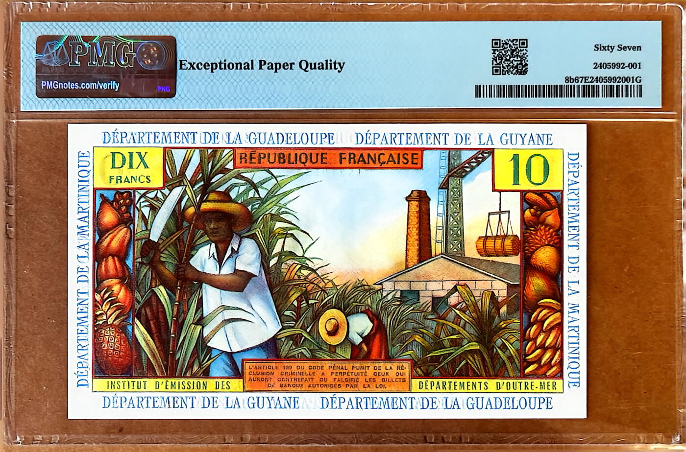 【Blue Auction】✨世界纸币精拍800期盛典——白金之夜🔥🔥🔥 F-法属安的列斯 1964年10法郎 背面风景唯美 PMG67EPQ 高分