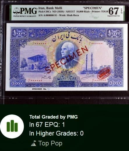 【Blue Auction】✨世界纸币精拍800期盛典——白金之夜🔥🔥🔥 I-【莫塔扎维博士旧藏 唯一冠军分罕见 未发行最高值 大珍】伊朗 1938年10000里亚尔 PMG67EPQ 超级大票幅 正面礼萨-汗国王 两侧为阿里卡普王宫和波斯波利斯遗址 背面为伊斯法罕著名的十三孔桥 伊斯兰纹饰点缀非常漂亮 该张纸币系礼萨-汗为推动伊朗20世纪现代化努力和国家金融改革形成的产物 但最终未发行 仅有样钞存世 无可挑剔的品相难以超越