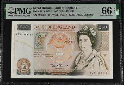 《艾美收藏》第236期-3.15周日外币畅拍 - 英国D序列1981年初版50镑最高值PMG66E无47 D.H.F. Somerset签名 Pick#381a初版第一签名