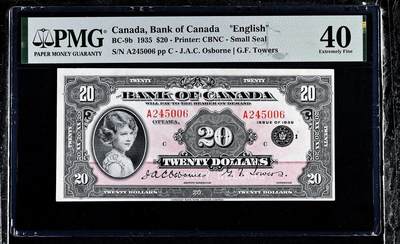 【Blue Auction】✨世界纸币精拍800期盛典——白金之夜🔥🔥🔥 - C-【女王首次肖像出现在纸币上】加拿大 1935年20元 当时还是8岁伊丽莎白公主 甜美纯真可人 根据皇家儿童官方摄影师马库斯亚当斯拍摄照片所雕刻而成 背面预言故事大场景 非常耐看经典 精美异常 PMG40（在399张评级中排前7.5%）票面状态非常好 没有任何不良背标 小女王人像和主图完整 非常难遇