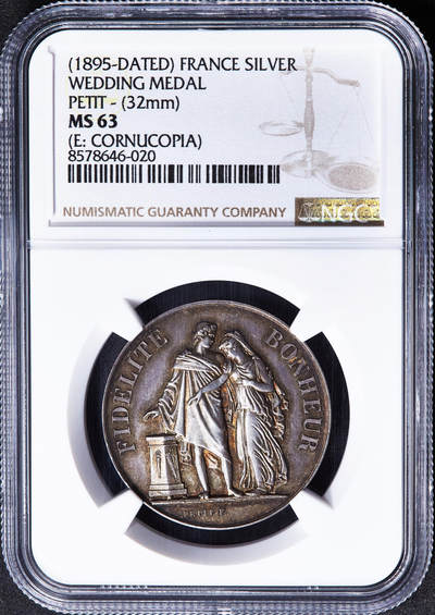 【俄甄集藏】2026年(049)03-18星期三 晚 19:30 全场包邮 - 法国1895年结婚银章，NGC MS63，黄油酱彩老包浆，原光品相，雕刻家佩蒂特作品，丰饶角铭