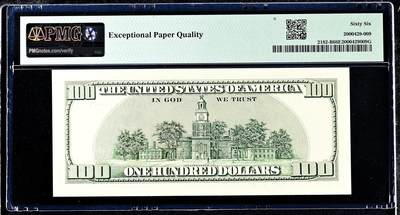 【Blue Auction】✨世界纸币精拍800期盛典——白金之夜🔥🔥🔥 U-【全同8罕见】美国 纽约版 2006年100美金 PMG66EPQ （100亿美金才有1张全同8非常难遇 幸运号 号码纸币的天花板）