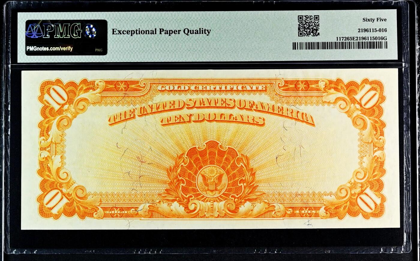 【Blue Auction】✨世界纸币精拍800期盛典——白金之夜🔥🔥🔥  U-【仅5张更高分 少见fr.1172】美国 1907年10美金 黄金券 升值品种 PMG65EPQ 绝品 大票幅 数量远小于1922版 美国第一任财政部长迈克尔-希雷加斯
