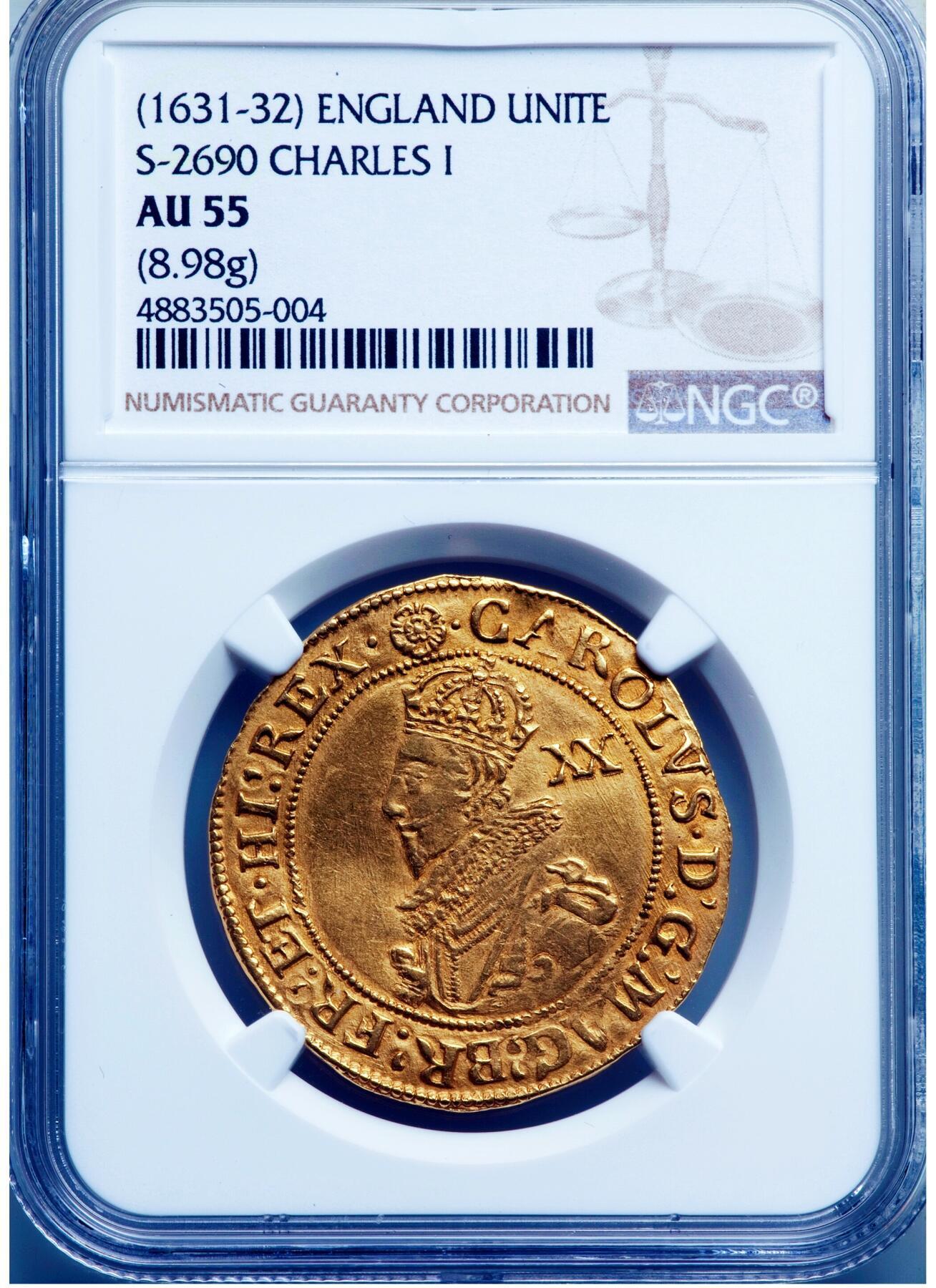 【Blue Auction】✨世界纸币精拍800期盛典——白金之夜🔥🔥🔥 G-【个位数记录 所见最佳】英国 1631-32年查理一世国王短暂发行版本Unite大金币（象征英格兰和苏格兰两大王国联合）=4克朗 购买力巨大 玫瑰花戳记 伦敦塔造币厂 该枚光感及底板丝滑 细节清晰且深峻 人像精美 如此佳状态对于查理一世金银币来说非常难得 备受追捧 极具历史意义（如图所谓冠军分MS62和亚军分AU58整体有复打 人像有轻微bend 玫瑰花和铭文模糊不清 远没有当下这枚看着舒服）