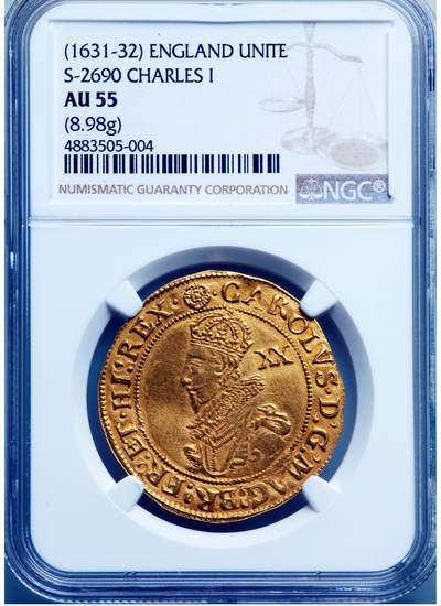 【Blue Auction】✨世界纸币精拍800期盛典——白金之夜🔥🔥🔥 - G-【个位数记录 所见最佳】英国 1631-32年查理一世国王短暂发行版本Unite大金币（象征英格兰和苏格兰两大王国联合）=4克朗 购买力巨大 玫瑰花戳记 伦敦塔造币厂 该枚光感及底板丝滑 细节清晰且深峻 人像精美 如此佳状态对于查理一世金银币来说非常难得 备受追捧 极具历史意义（如图所谓冠军分MS62和亚军分AU58整体有复打 人像有轻微bend 玫瑰花和铭文模糊不清 远没有当下这枚看着舒服）