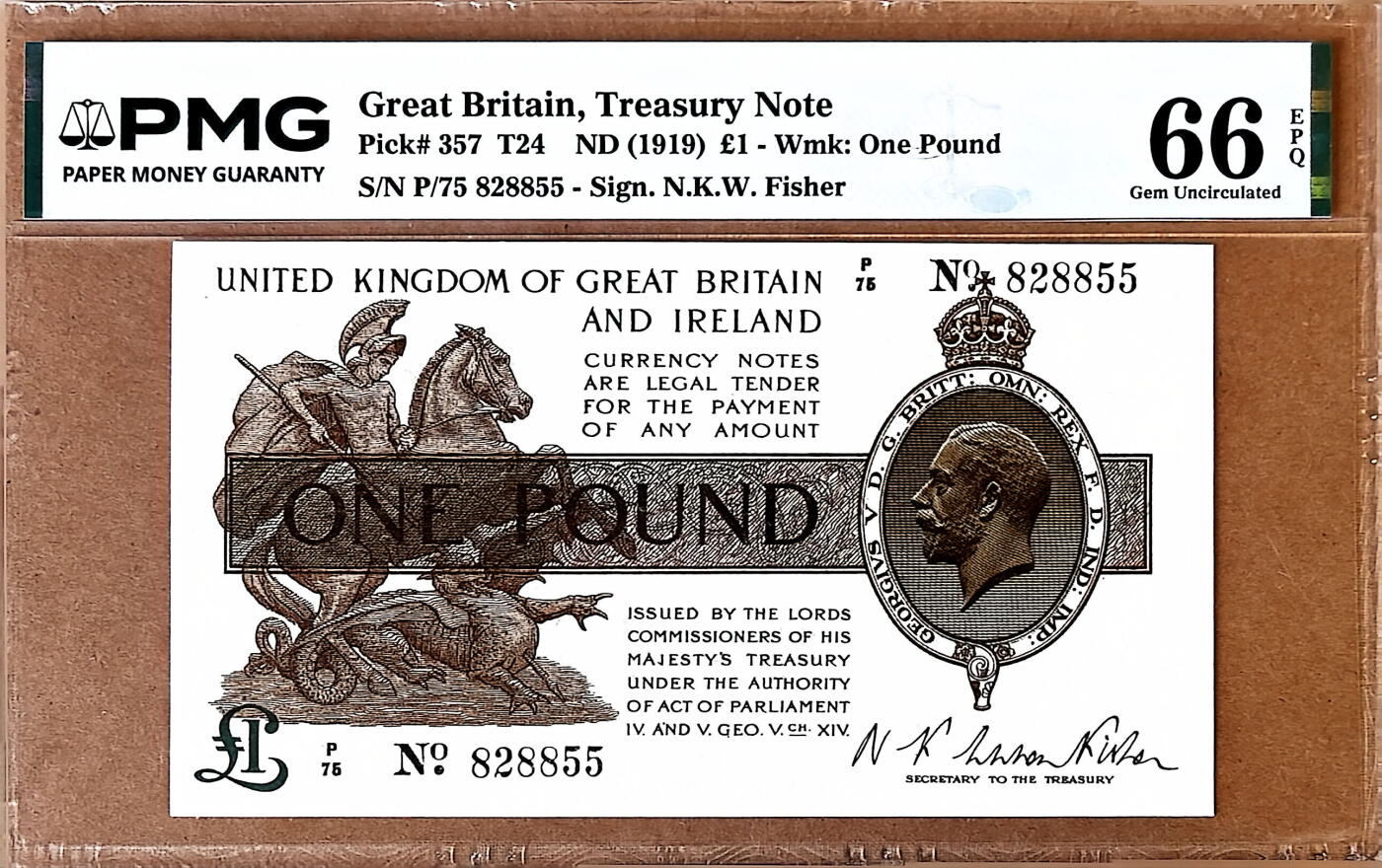 【Blue Auction】✨世界纸币精拍800期盛典——白金之夜🔥🔥🔥 G-【无47】英国1919年1镑 PMG65EPQ 乔治五世 经典圣乔治屠龙 背面威斯敏斯特宫 PMG66EPQ 高分 