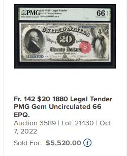 【Blue Auction】✨世界纸币精拍800期盛典——白金之夜🔥🔥🔥  U-【仅2张更高分】美国1880年20美金 汉密尔顿半身像 持握剑盾之胜利女神 设计非常出彩 PMG66EPQ 大票幅 高分 