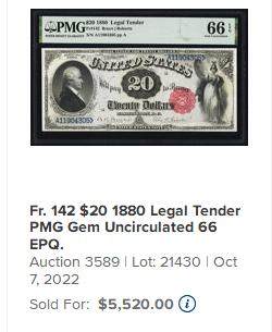 【Blue Auction】✨世界纸币精拍800期盛典——白金之夜🔥🔥🔥  U-【仅2张更高分】美国1880年20美金 汉密尔顿半身像 持握剑盾之胜利女神 设计非常出彩 PMG66EPQ 大票幅 高分 