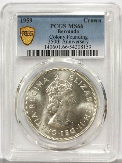 博洋堂世界钱币拍卖第165期（全场包邮） - PCGS MS66 英属百慕大1959年伊丽莎白二世发现百慕大350周年1克朗纪念银币-1