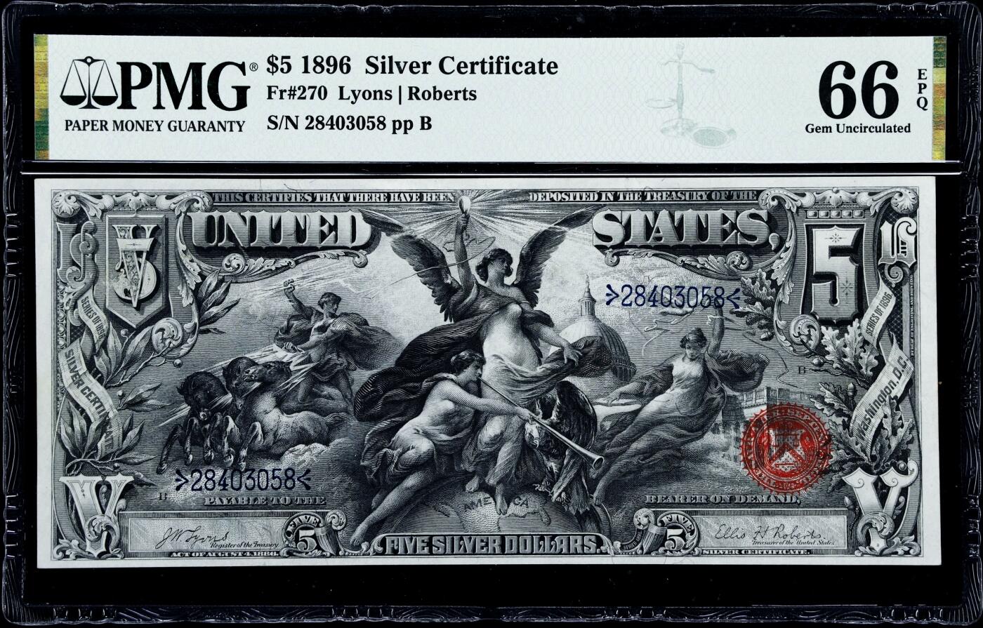 【Blue Auction】✨世界纸币精拍800期盛典——白金之夜🔥🔥🔥  U-【仅1张更高分 最稀少末签fr.270】美国1896年5美金教育券 PMG66EPQ 收藏级品相（由美国雕刻大师W. Shirlaw操刀，主题被称为《呈现给世界的电和光明》，代表着美国在世纪之交科学和创新方面的追求。背面为美国南北战争中取得巨大成就的两位将军——格兰特和谢里登。这张纸币简直是艺术品，被称为美国纸币巅峰之作） 
