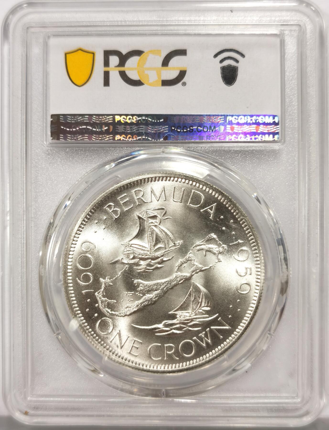 博洋堂世界钱币拍卖第165期（全场包邮） PCGS MS67 英属百慕大1959年伊丽莎白二世发现百慕大350周年1克朗纪念银币-1