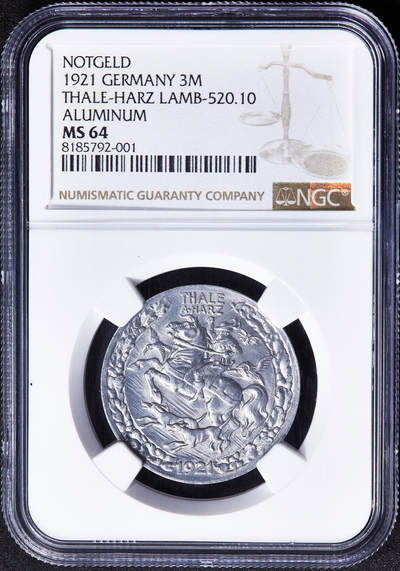 【俄甄集藏】2026年(049)03-18星期三 晚 19:30 全场包邮 - 德国1921年紧急时期哈茨塔勒3马克猎人铝币，NGC MS64，转光品相，设计精美