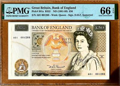【Blue Auction】✨世界纸币精拍800期盛典——白金之夜🔥🔥🔥 - G-【a版A01首发冠1288千位小号】英国 1981-88年50镑 PMG66EPQ 英国著名建筑师克里斯托弗·雷恩爵士