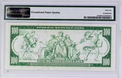 【Blue Auction】✨世界纸币精拍800期盛典——白金之夜🔥🔥🔥 U-【美国著名收藏家Pogue旧藏 富兰克林肖像首次出现在100美金上 高值稀缺 亚军分 百大美元纸币第34位】美国 1914年100美金PMG66EPQ 背面五人寓言形象组成的大场景代表了劳动、富足、自由、和平和商业 设计别致新颖 凑套必备  