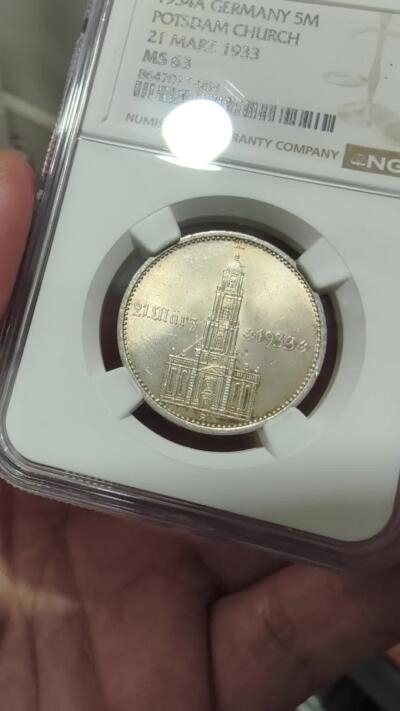 修遠堂世界钱币第107期 NGC MS63 1934年德国教堂5马克银币，少见加字版，A厂铭