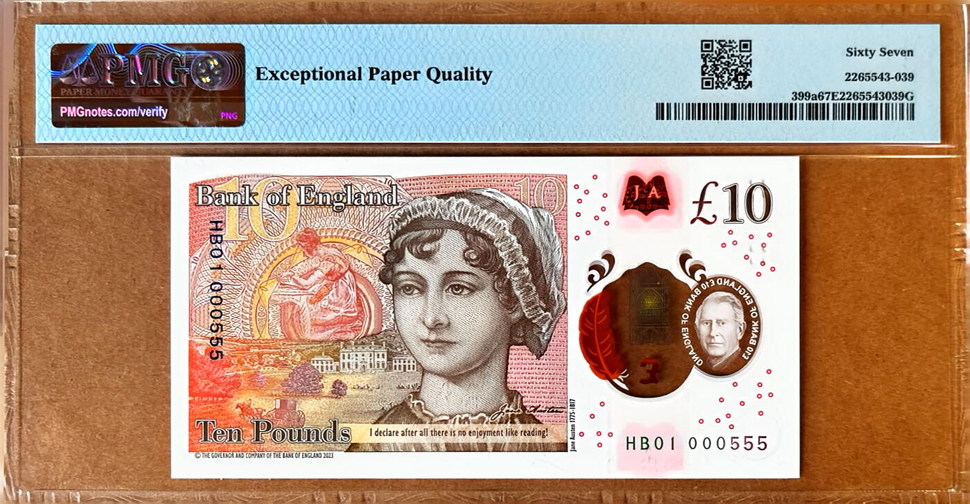 【Blue Auction】✨世界纸币精拍800期盛典——白金之夜🔥🔥🔥 G-【HB01首发冠 000555百位小号豹子号】英国 2024年10镑 查尔斯三世 新版塑料钞 PMG67EPQ 高分