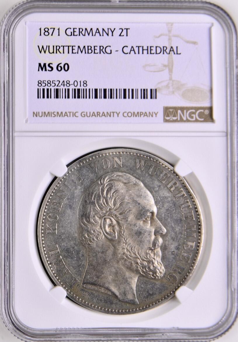 PCGS-MS60 1871 德国符腾堡乌尔姆教堂2泰勒银币