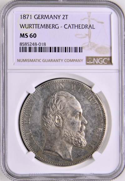 PCGS-MS60 1871 德国符腾堡乌尔姆教堂2泰勒银币 - PCGS-MS60 1871 德国符腾堡乌尔姆教堂2泰勒银币
