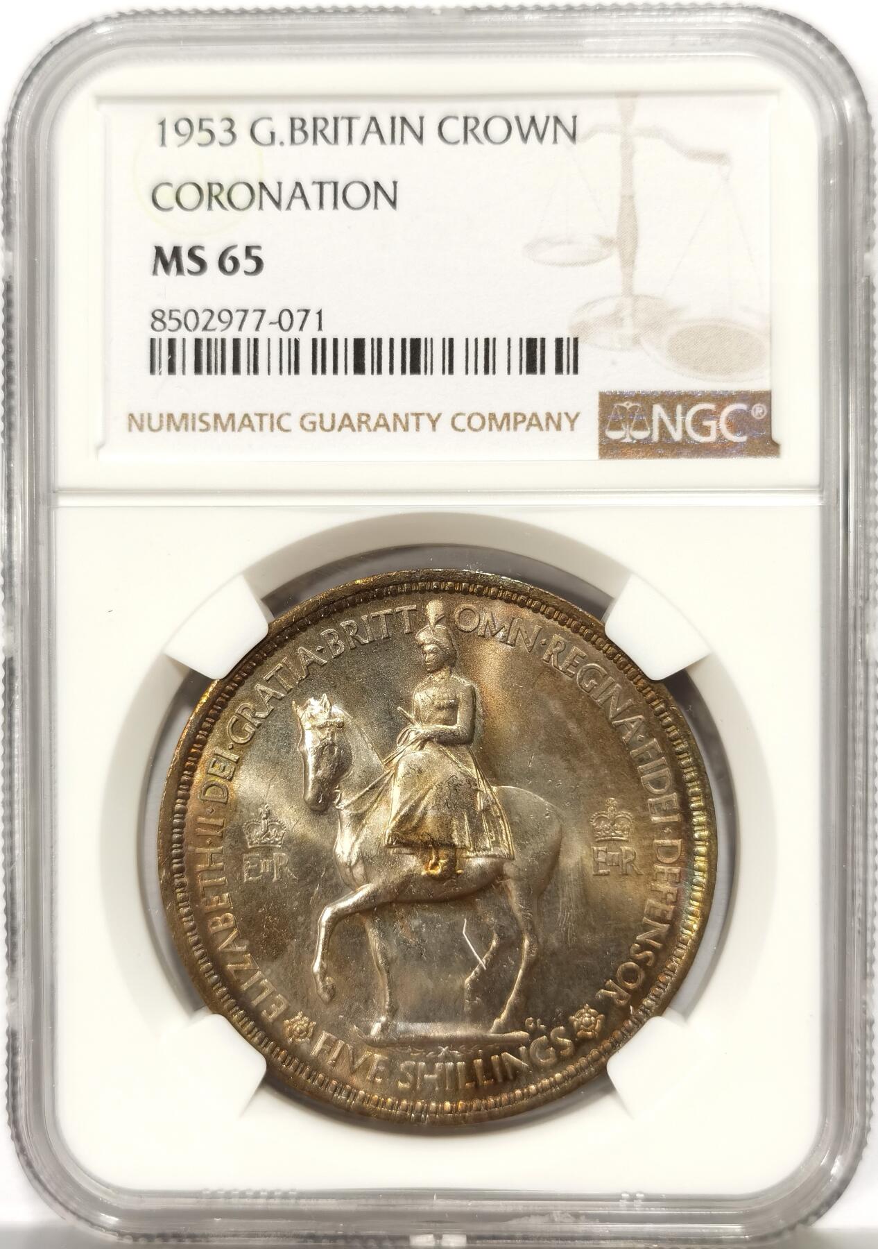 博洋堂世界钱币拍卖第165期（全场包邮） NGC MS65 英国1953年伊丽莎白二世登基纪念克朗，高分带彩