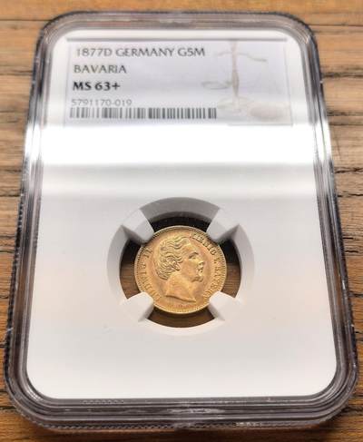 凡希社世界钱币微拍第三百二十一期 - 1877D德国巴伐利亚短翅鹰5马克金币NGC-MS63+