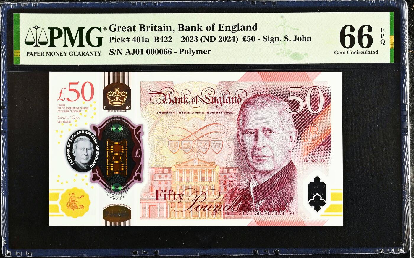 【Blue Auction】✨世界纸币精拍800期盛典——白金之夜🔥🔥🔥 G-【AJ01首发冠 66小号倒置号非常难得】英国 2024年50镑 查尔斯三世 新版塑料钞 PMG66EPQ 非常干净舒服的号码 