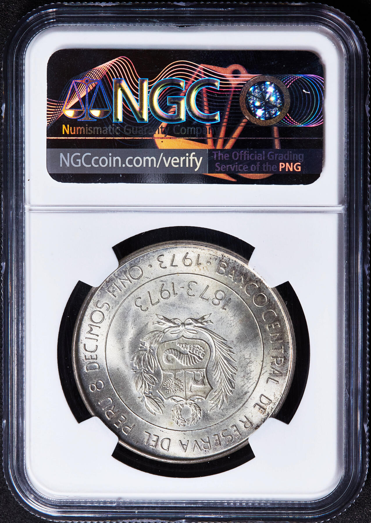 【俄甄集藏】2026年(049)03-18星期三 晚 19:30 全场包邮 秘鲁1973年与小日本建交百年纪念100索尔银币，NGC MS65，转光品相，重24.45克，800银，发行量375000枚