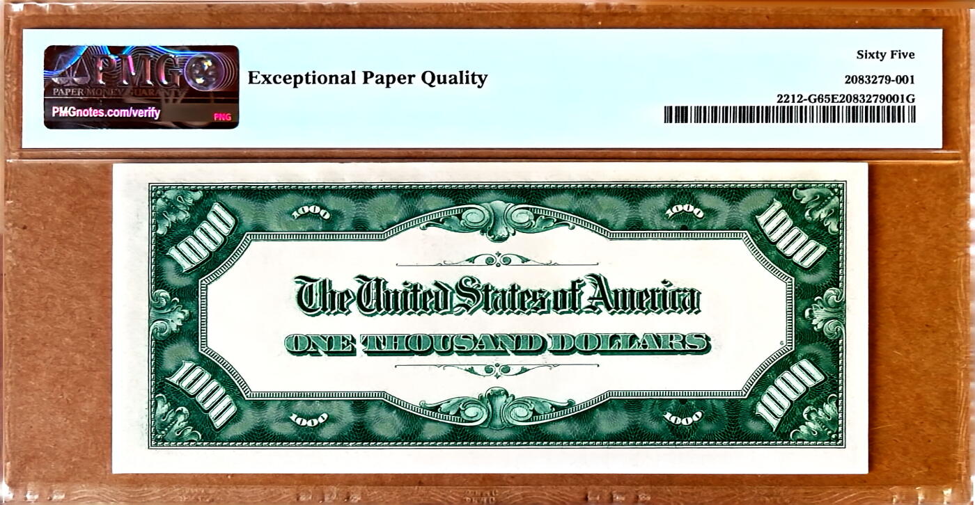 【Blue Auction】✨世界纸币精拍800期盛典——白金之夜🔥🔥🔥 U-美国 1934年1000美金 普通玩家可收藏的最高面值美金 永久可兑换非常保值 PMG65EPQ 绝品 一步到位 正面人像前总统克利夫兰 当时一辆车也就小几百美金 该面值购买力爆炸（1934年1月罗斯福政府通过了《黄金储备法案》，禁止私人储藏黄金，1盎司黄金=35美元，发行高面额纸币来回收黄金）
