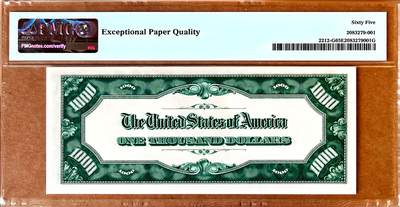 【Blue Auction】✨世界纸币精拍800期盛典——白金之夜🔥🔥🔥 U-美国 1934年1000美金 普通玩家可收藏的最高面值美金 永久可兑换非常保值 PMG65EPQ 绝品 一步到位 正面人像前总统克利夫兰 当时一辆车也就小几百美金 该面值购买力爆炸（1934年1月罗斯福政府通过了《黄金储备法案》，禁止私人储藏黄金，1盎司黄金=35美元，发行高面额纸币来回收黄金）