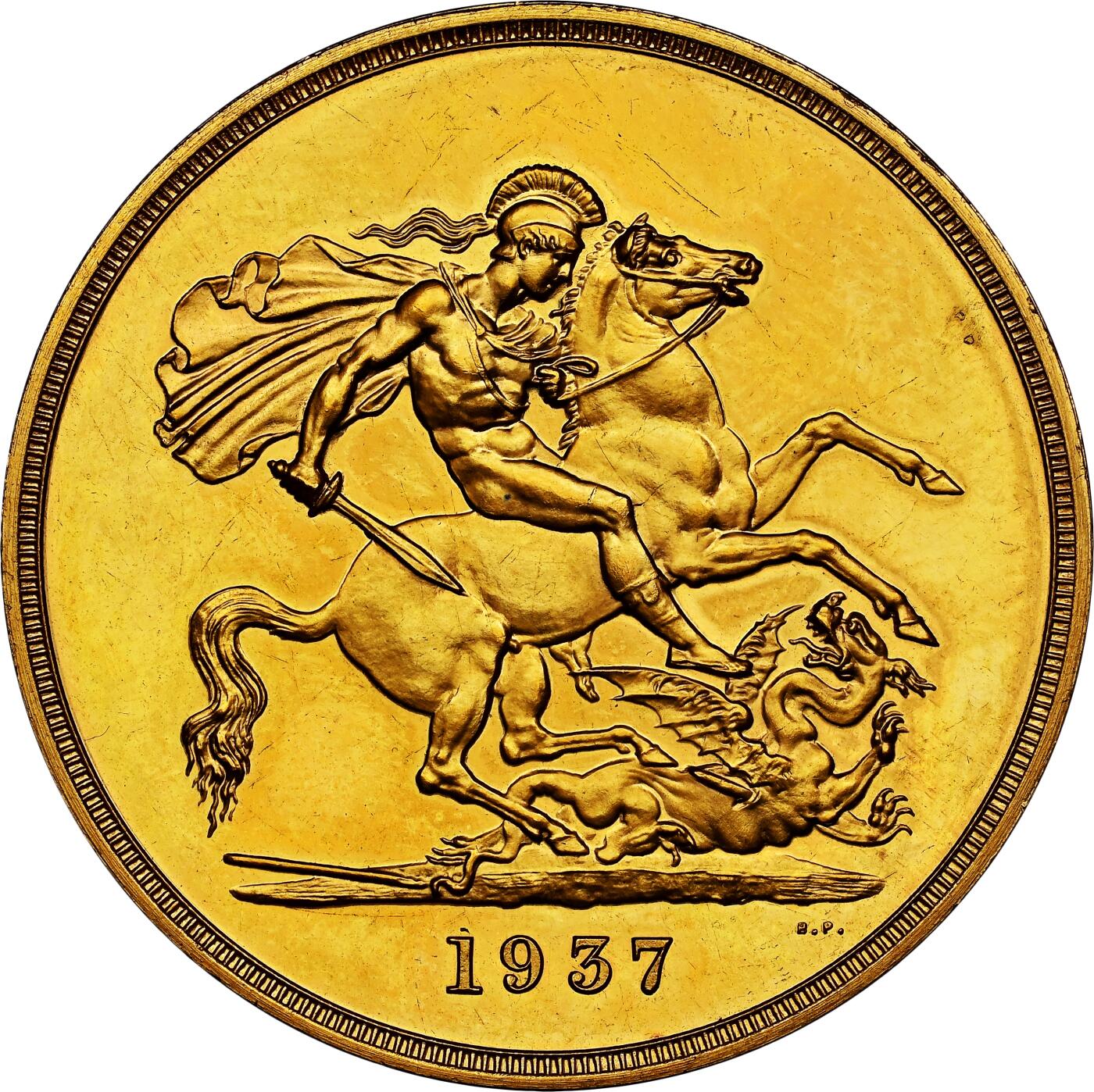 【Blue Auction】✨世界纸币精拍800期盛典——白金之夜🔥🔥🔥 G-英国 乔治六世 1937年5镑马剑大金币 发行量5500枚 NGC PF63+CAM  40g大金的手感令人无法抗拒，加上高浮雕深度镜面堪称视觉与触觉的双重享受，在黄金价格的影响下5镑大金的价格也以肉眼可见的价格上涨，不管是钱币爱好者还是黄金爱好者，此枚高质量乔六5镑都不失为一个好选择 