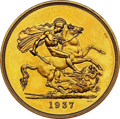 【Blue Auction】✨世界纸币精拍800期盛典——白金之夜🔥🔥🔥 G-英国 乔治六世 1937年5镑马剑大金币 发行量5500枚 NGC PF63+CAM  40g大金的手感令人无法抗拒，加上高浮雕深度镜面堪称视觉与触觉的双重享受，在黄金价格的影响下5镑大金的价格也以肉眼可见的价格上涨，不管是钱币爱好者还是黄金爱好者，此枚高质量乔六5镑都不失为一个好选择 