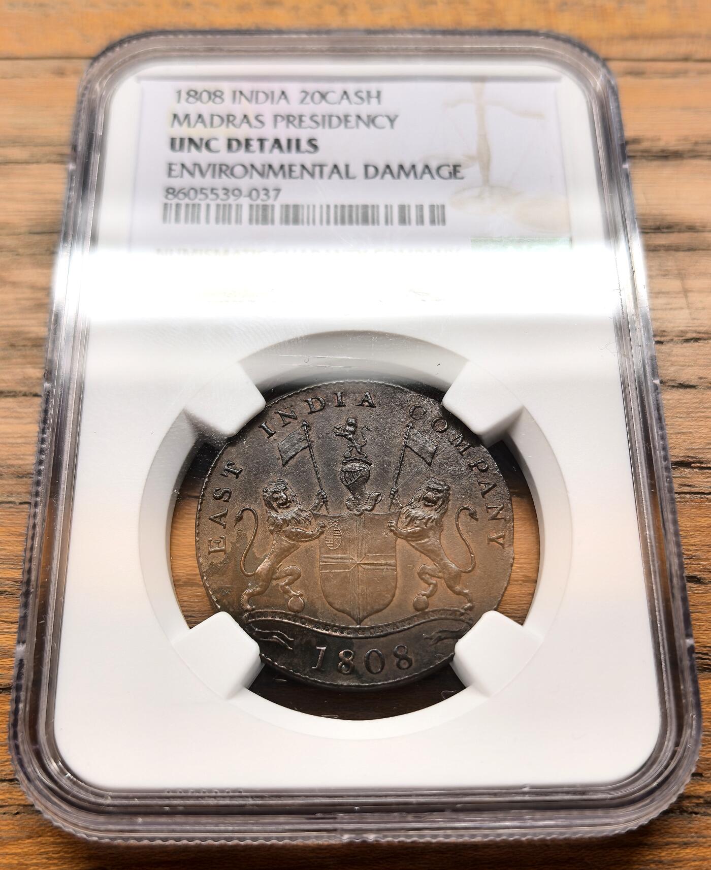 凡希社世界钱币微拍第三百二十一期 1808英属印度马德拉斯总督区20Cash铜币NGC-UNCD