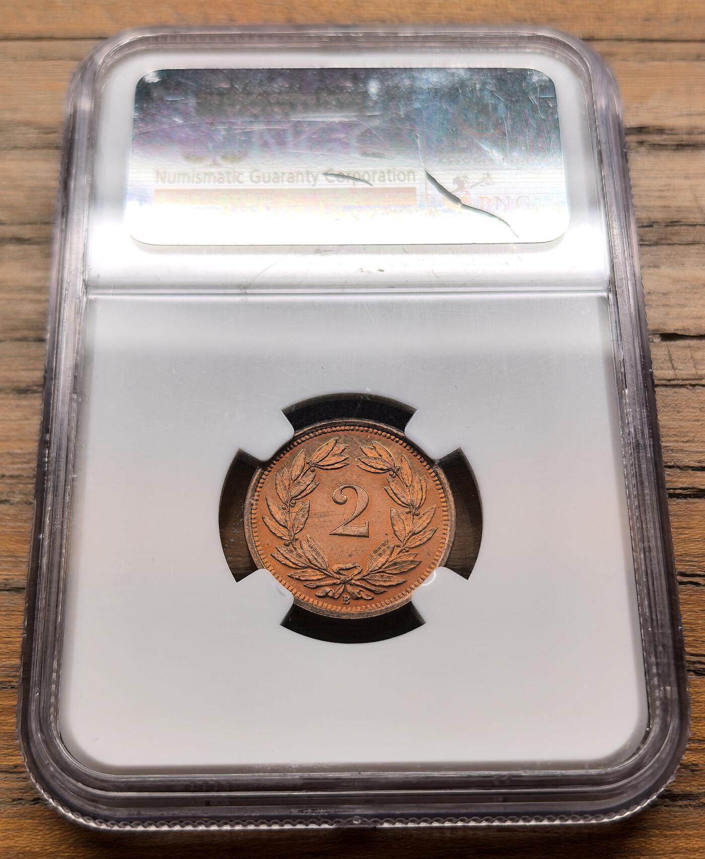 凡希社世界钱币微拍第三百二十一期 1934B瑞士联邦2R铜币NGC-SP65