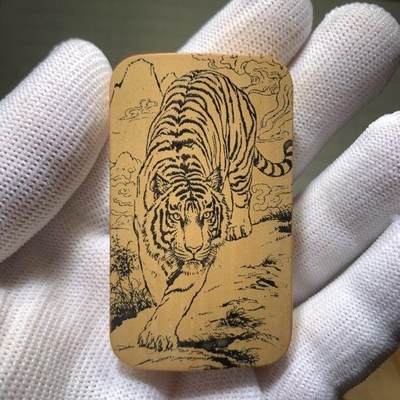 听雨轩（77）留青墨刻竹牌专场 - 留青墨刻36×60mm工艺精工实心玉竹牌  下山虎