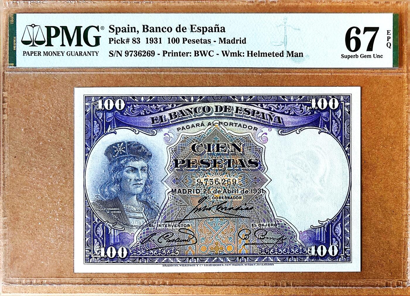 【Blue Auction】✨世界纸币精拍800期盛典——白金之夜🔥🔥🔥 S-西班牙 1931年100比塞塔 PMG67EPQ 名画