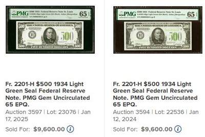 【Blue Auction】✨世界纸币精拍800期盛典——白金之夜🔥🔥🔥 U-【少见圣路易斯浅绿版 千位小号】美国 1934年500美金 人物为美国第25任总统威廉·麦金莱 曾发动美西战争 该纸币是罗斯福新政后美国开始经济复苏的产物 那时候人均年收入才428美金 购买力爆炸 PMG65EPQ 绝品 一步到位的收藏
