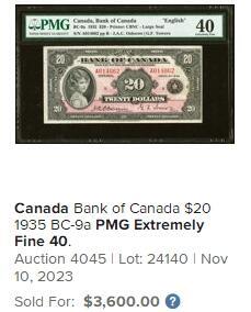 【Blue Auction】✨世界纸币精拍800期盛典——白金之夜🔥🔥🔥 C-【女王首次肖像出现在纸币上】加拿大 1935年20元 当时还是8岁伊丽莎白公主 甜美纯真可人 根据皇家儿童官方摄影师马库斯亚当斯拍摄照片所雕刻而成 背面预言故事大场景 非常耐看经典 精美异常 PMG40（在399张评级中排前7.5%）票面状态非常好 没有任何不良背标 小女王人像和主图完整 非常难遇