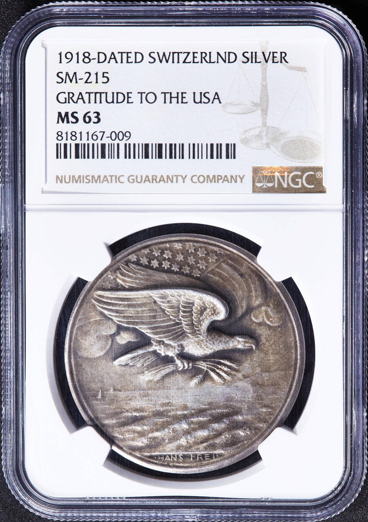 【俄甄集藏】2026年(049)03-18星期三 晚 19:30 全场包邮 瑞士1918年感谢美国参战一战协约国胜利银章，NGC MS63，保存完好，黄油彩原味老包浆，磨砂底板