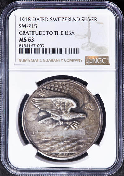 【俄甄集藏】2026年(049)03-18星期三 晚 19:30 全场包邮 - 瑞士1918年感谢美国参战一战协约国胜利银章，NGC MS63，保存完好，黄油彩原味老包浆，磨砂底板
