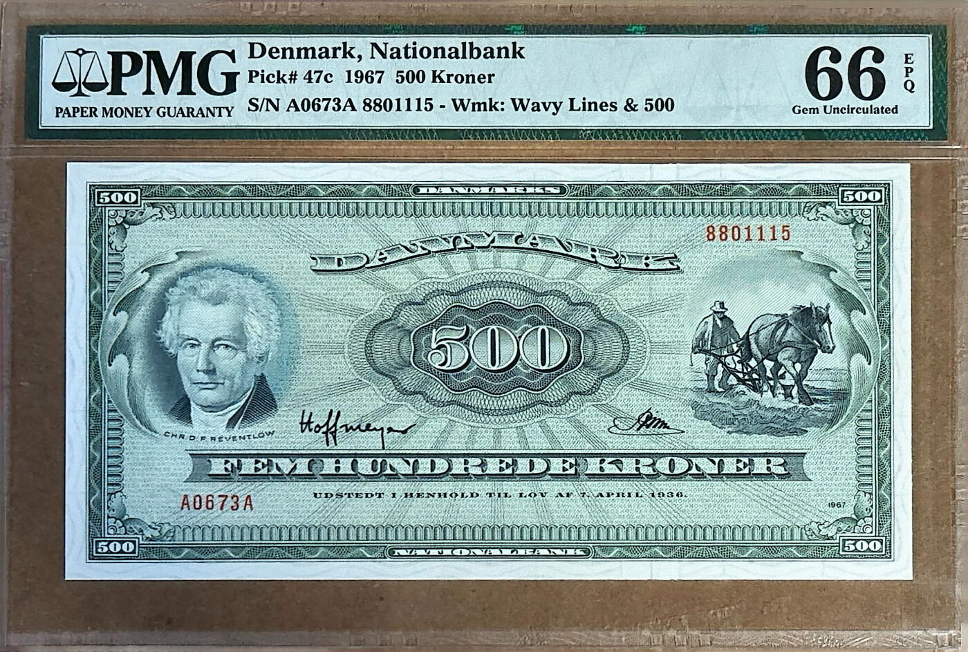 【Blue Auction】✨世界纸币精拍800期盛典——白金之夜🔥🔥🔥 D-【仅1张更高分 无47】丹麦 1967年500克朗最高值 PMG66EPQ高分少见 背面罗斯基勒风光非常唯美 值得收藏