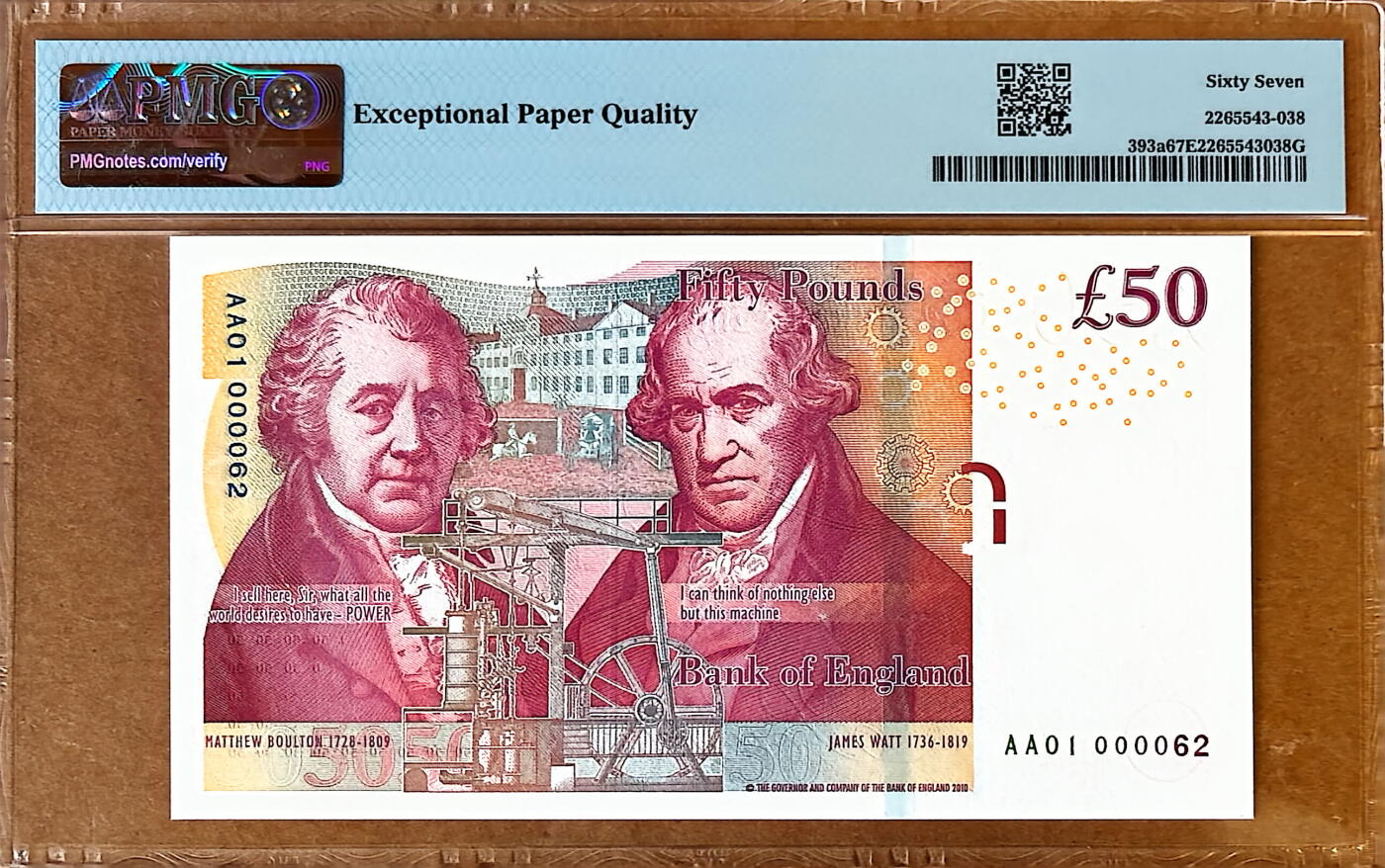 【Blue Auction】✨世界纸币精拍800期盛典——白金之夜🔥🔥🔥 G-【AA01首发冠62小号】英国 2010年50镑 PMG67EPQ 高分 瓦特兄弟 