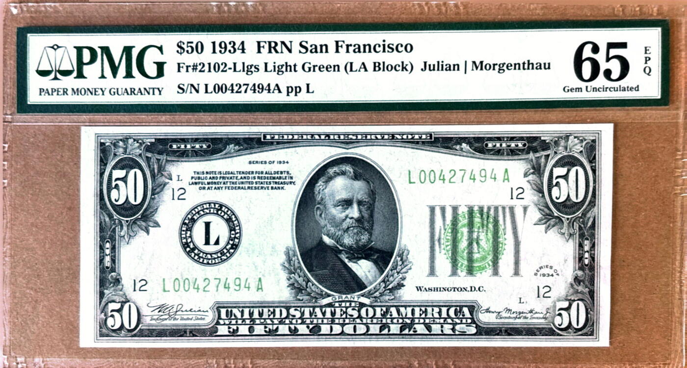 【Blue Auction】✨世界纸币精拍800期盛典——白金之夜🔥🔥🔥 U-【旧金山版 浅绿非常少见】美国 1934年50美金 格兰特 PMG65EPQ 老壳