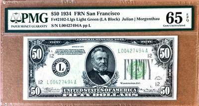 【Blue Auction】✨世界纸币精拍800期盛典——白金之夜🔥🔥🔥 - U-【旧金山版 浅绿非常少见】美国 1934年50美金 格兰特 PMG65EPQ 老壳