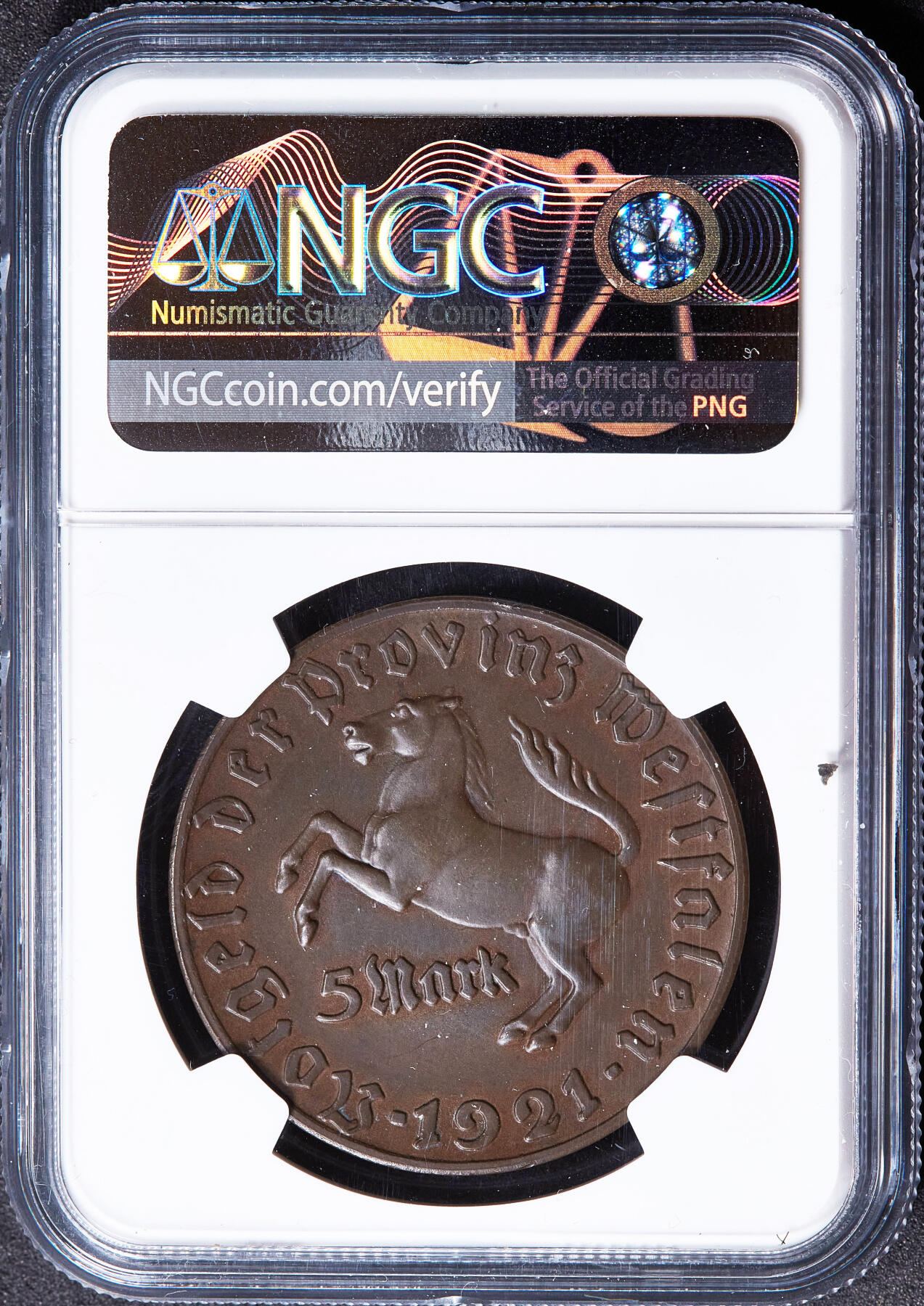 【俄甄集藏】2026年(049)03-18星期三 晚 19:30 全场包邮 德国1923年紧急时期威斯特法伦马币5马克大铜币，NGC MS62，稀少总筋品种，巧克力包浆，原光品相