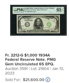 【Blue Auction】✨世界纸币精拍800期盛典——白金之夜🔥🔥🔥 U-美国 1934年1000美金 普通玩家可收藏的最高面值美金 永久可兑换非常保值 PMG65EPQ 绝品 一步到位 正面人像前总统克利夫兰 当时一辆车也就小几百美金 该面值购买力爆炸（1934年1月罗斯福政府通过了《黄金储备法案》，禁止私人储藏黄金，1盎司黄金=35美元，发行高面额纸币来回收黄金）