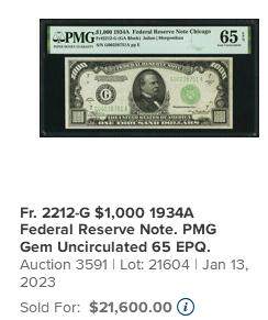 【Blue Auction】✨世界纸币精拍800期盛典——白金之夜🔥🔥🔥 U-美国 1934年1000美金 普通玩家可收藏的最高面值美金 永久可兑换非常保值 PMG65EPQ 绝品 一步到位 正面人像前总统克利夫兰 当时一辆车也就小几百美金 该面值购买力爆炸（1934年1月罗斯福政府通过了《黄金储备法案》，禁止私人储藏黄金，1盎司黄金=35美元，发行高面额纸币来回收黄金）