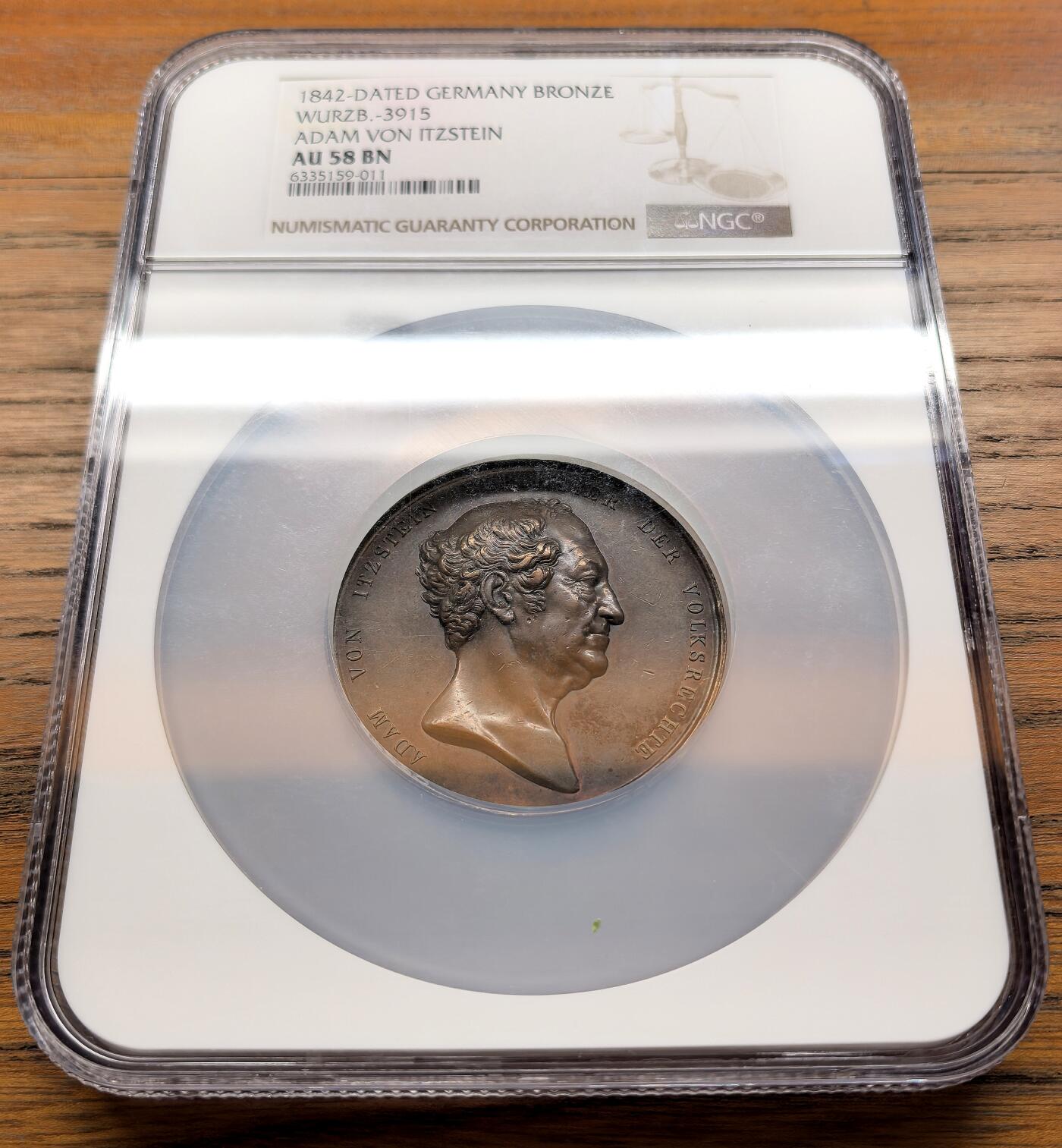 凡希社世界钱币微拍第三百二十一期 1842德国维尔茨堡政治家、外交家伊茨斯坦因纪念铜章NGC-AU58