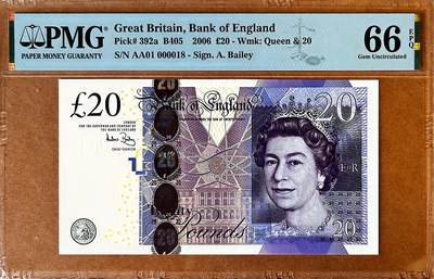 【Blue Auction】✨世界纸币精拍800期盛典——白金之夜🔥🔥🔥 - G-【AA01首发冠 18小号 倒置号】英国 2006年20镑 PMG66EPQ 如此小号当时英格兰银行赠送给特殊VIP 多被私藏了 意义非凡 市面上几乎能见到同版本最小的号码了 